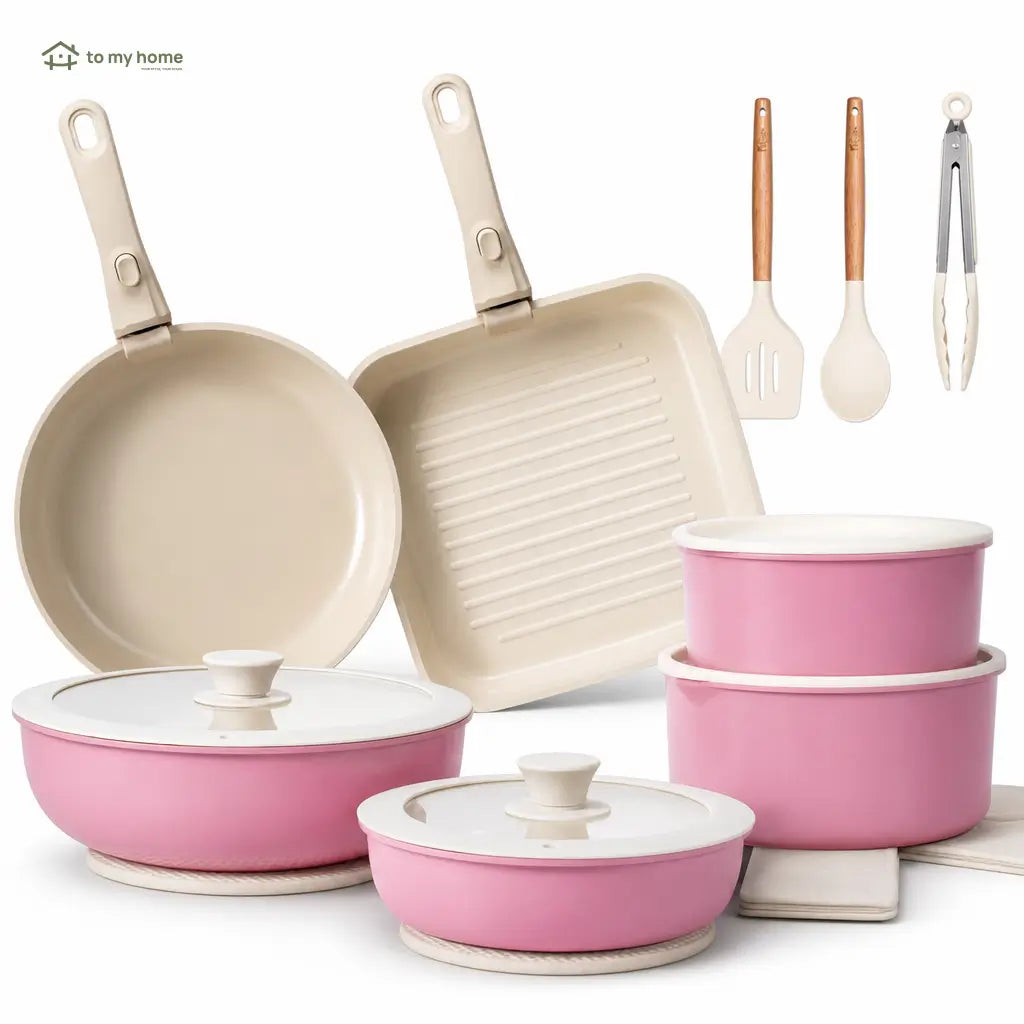 Set de ollas y sartenes cerámicos antiadherentes de 22 piezas con mango desmontable para cocina diaria y espacios pequeños en casa