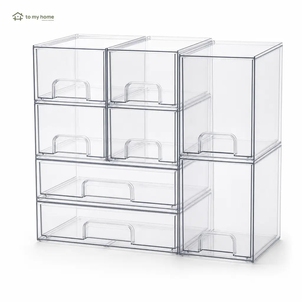 Cajones organizadores apilables transparentes de PET, con riel suave y asa integrada para baño, cocina, oficina y tocador