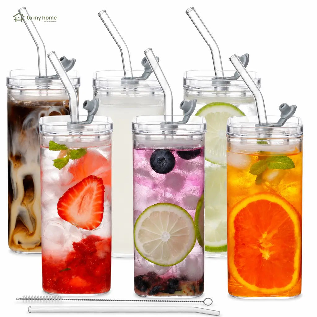 Set de 4 vasos de vidrio cuadrados con tapa y popote, 350 ml, para café frío, jugos y cocteles en casa u oficina