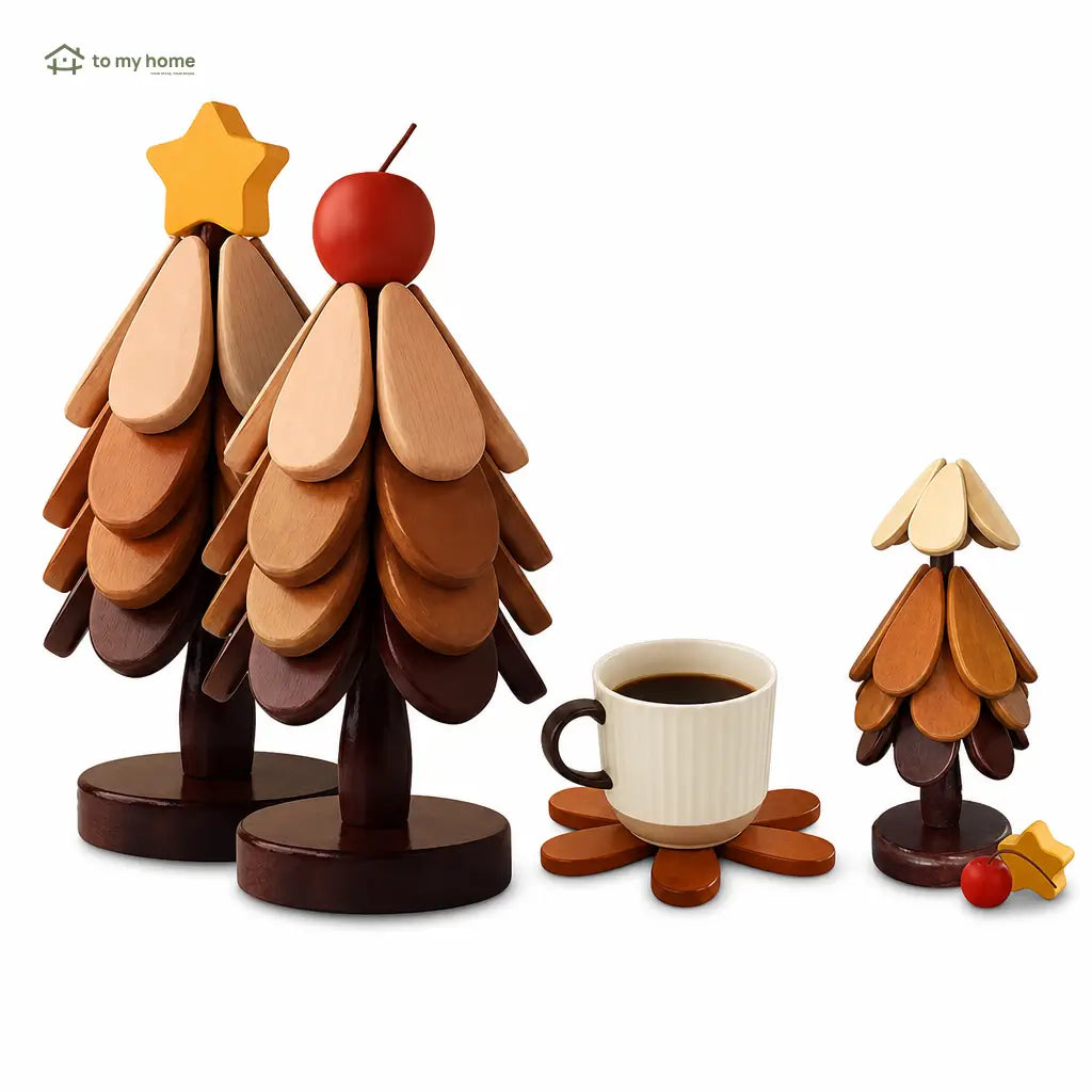 Set de portavasos y salvamanteles de madera resistente al calor con diseño plegable para ollas, platos, tazas y mesa diaria