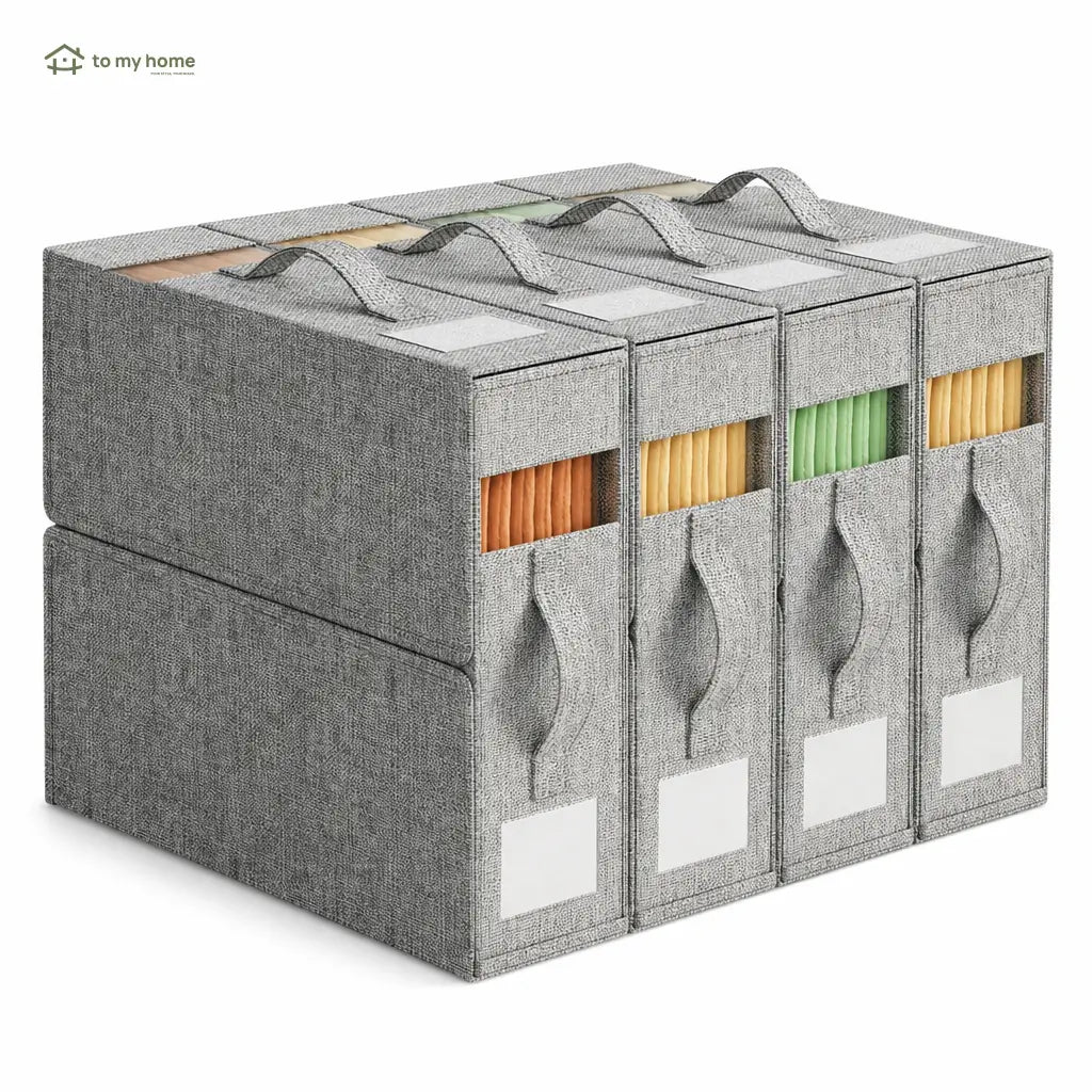 Set de 4 organizadores para sábanas con ventana transparente, cajas plegables para clóset de blancos king y queen con asa reforzada