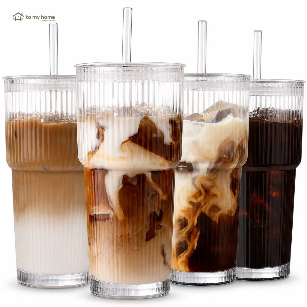 Set de 4 vasos de vidrio acanalado con tapa y popote reutilizable para café frío, smoothies y bebidas diarias sin derrames