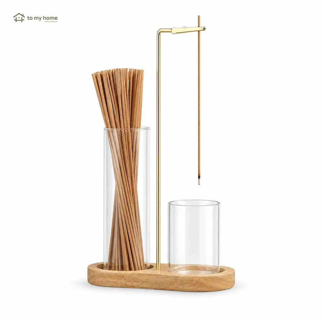 Portaincienso decorativo con base de madera, clip metálico y cenicero de vidrio para meditación, yoga y espacios tranquilos en sala y recámara