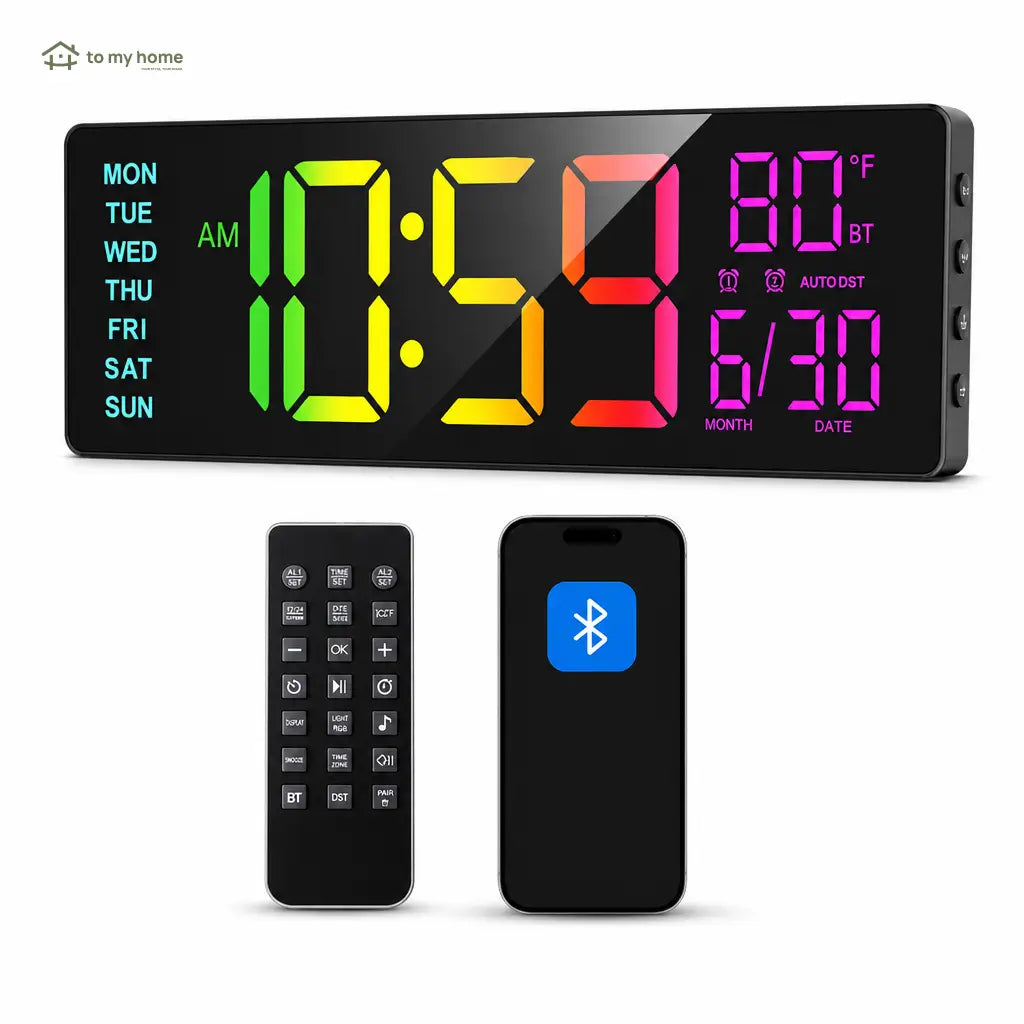 Reloj digital de pared LED 16.5 pulgadas con luz RGB, Bluetooth y alarmas dobles para sala, oficina, cocina o setup gamer