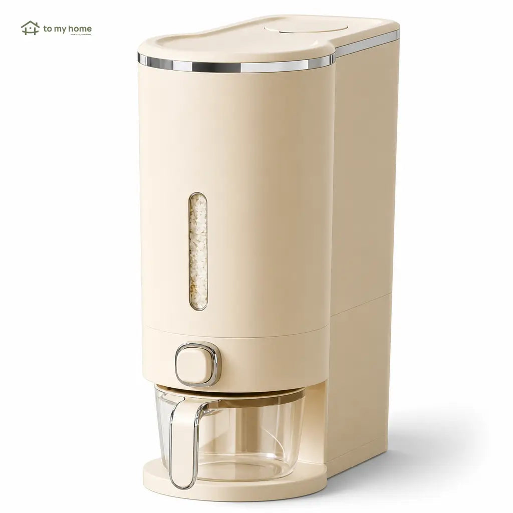 Dispensador hermético de arroz con taza medidora y protección contra insectos para cocina y despensa familiar ordenada de uso diario en casa
