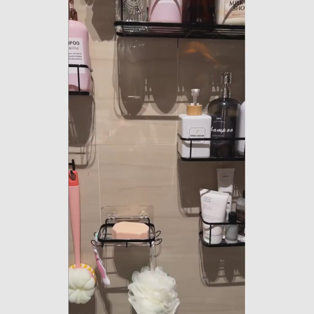 Organizador de regadera sin taladro set de 5 piezas, repisas negras antioxidantes con ganchos removibles para baño y cocina más ordenados