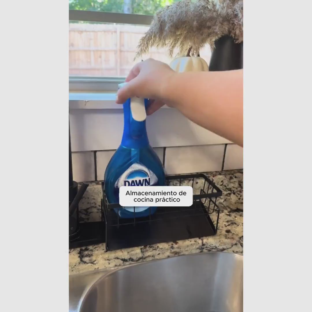 Organizador metálico para tarja con porta cepillo alto y divisores, ideal para esponjas, jabón y mantener la cocina ordenada sin ocupar espacio