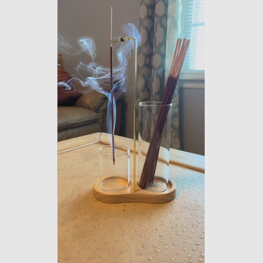 Porta incienso y vela 2 en 1 con base de madera, colector de cenizas en vidrio y difusor aromático decorativo, elegante y funcional para hogar