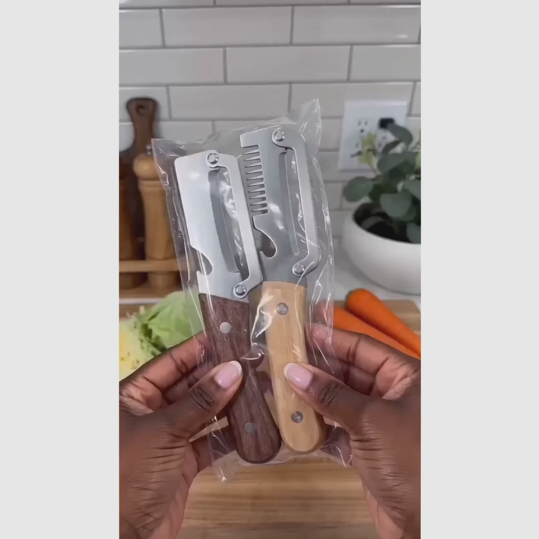 Pelador de Verduras Multifuncional Acero Inoxidable Mango de Madera y Abrebotellas Integrado Ideal para Frutas o Vegetales en Cocina de Casa (Paquete 2 Piezas)