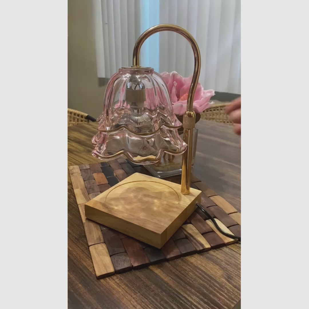 Lámpara calentadora de velas en forma de flor con dos focos, altura ajustable, temporizador y vidrio decorativo para ambiente romántico y cálido