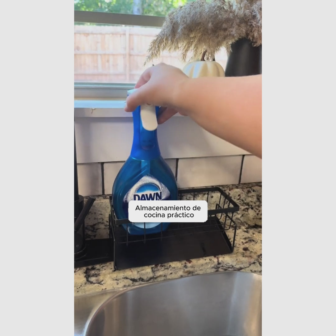 Soporte organizador para fregadero de cocina en acero inoxidable, con divisor para esponjas y compartimento para jabón, mantiene la cocina ordenada y funcional