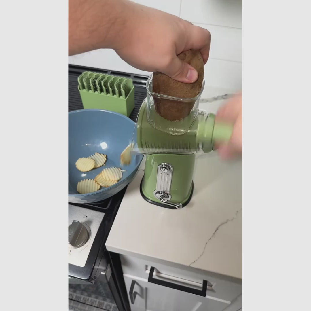 Rallador de queso rotativo con 5 cuchillas diferentes, base con fuerte succión, mango cómodo, permite cortar verduras y quesos fácilmente, versatilidad total garantizada