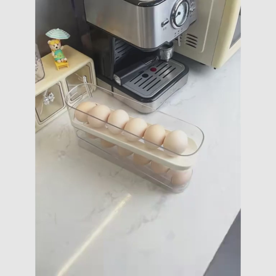 Caja organizadora transparente para huevos con sistema de rodamiento, ahorra espacio en la refrigeradora, durabilidad confiable y acceso práctico para almacenamiento seguro