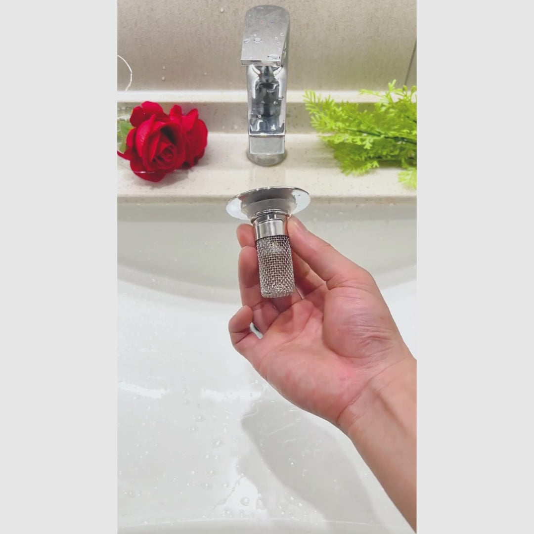 Protector de lavabo para cabello con filtro universal tipo pop-up, cesta de acero inoxidable y colador, previene obstrucciones y mantiene limpieza