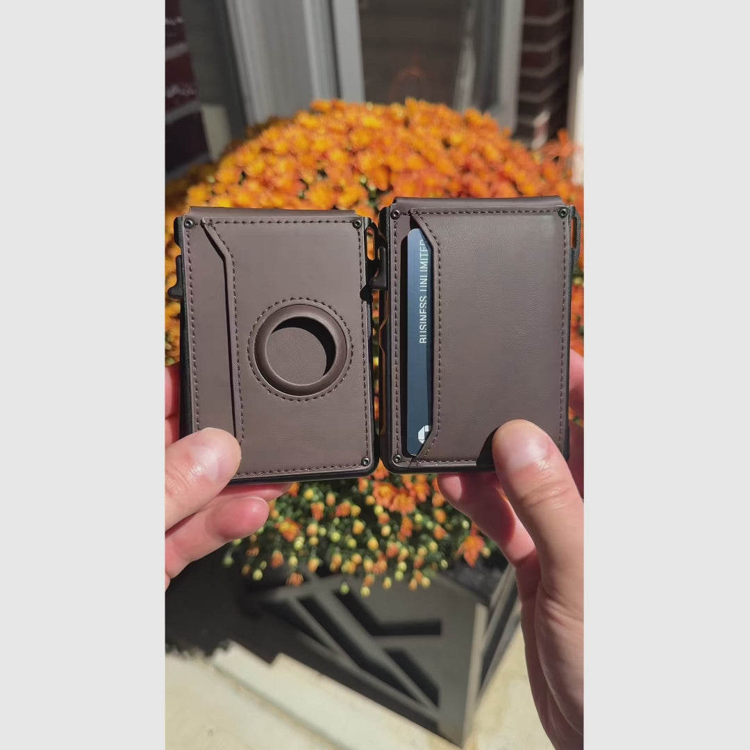 Cartera masculina slim minimalista de aluminio con bloqueo RFID, visor, clip para billetes, sistema pop-up y diseño compacto, segura, elegante y práctica para uso diario