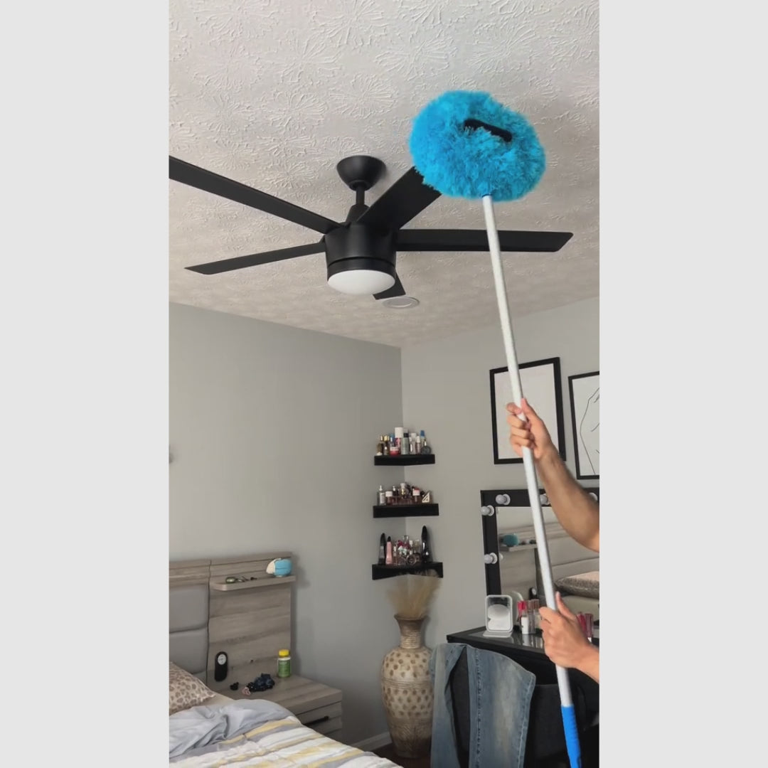 Paño de limpieza extensible con mango largo para ventiladores de techo, retiene polvo, reutilizable, lavable a máquina, garantiza alcance seguro y limpieza eficiente