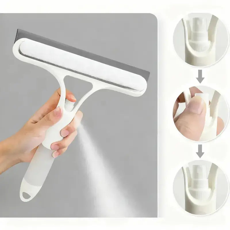 Raspador de ventanas 3 en 1, multifuncional con jalador, esponja y spray integrado para limpieza eficiente de hogar y parabrisas de auto