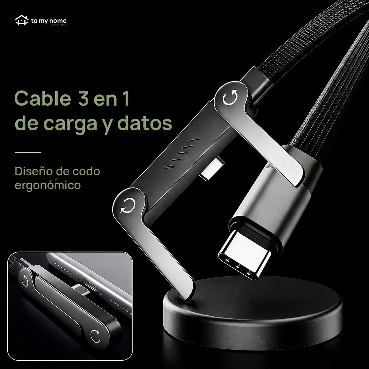 Cable USB-C 240W con soporte oculto, carga rápida y vista vertical u horizontal para celulares, tablets, laptops, gaming, oficina y viajes