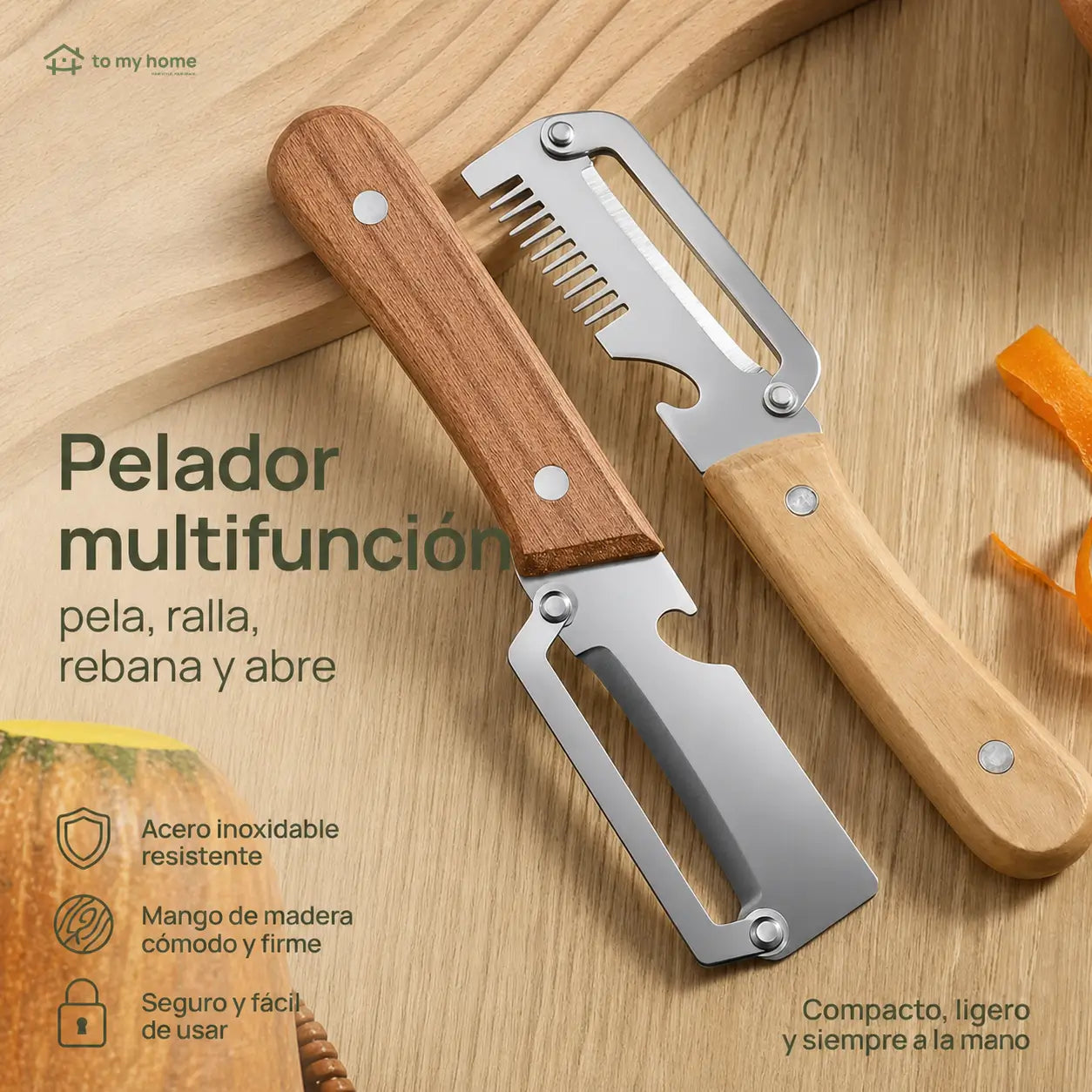Pelador de Verduras Multifuncional Acero Inoxidable Mango de Madera y Abrebotellas Integrado Ideal para Frutas o Vegetales en Cocina de Casa (Paquete 2 Piezas)