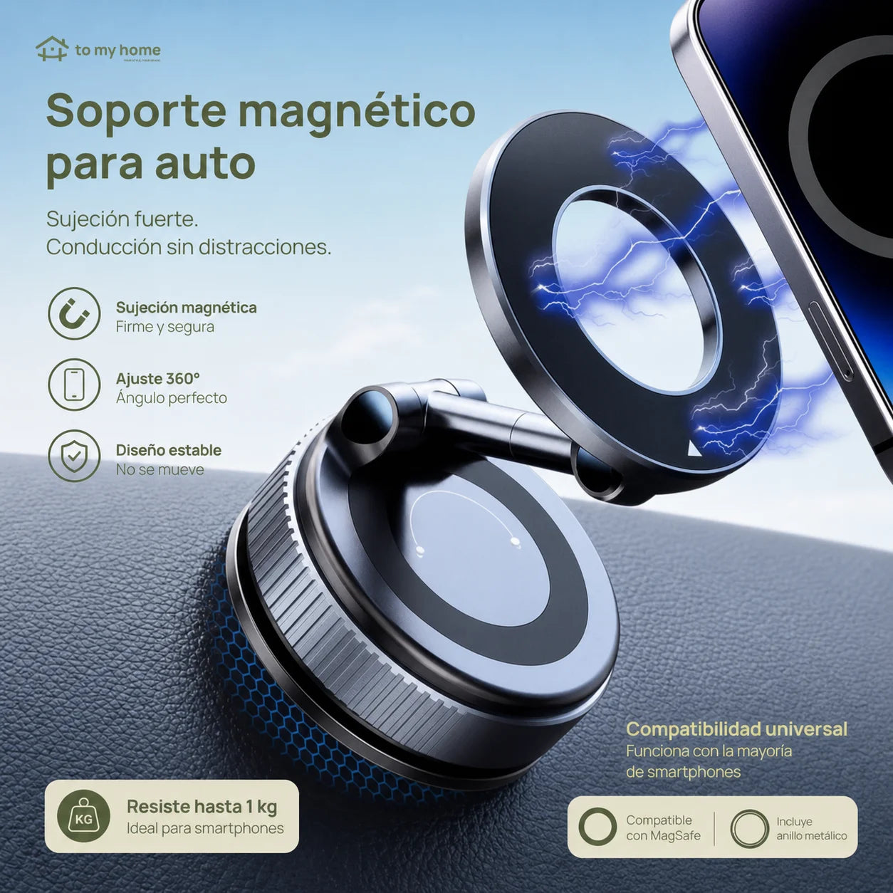 Soporte Magnético Universal Celular Ventosa Vacío Fuerte Plegable Auto Tablero Gimnasio Espejo Baño Compatible con Todo Smartphone y Vehículo Moderno Útil