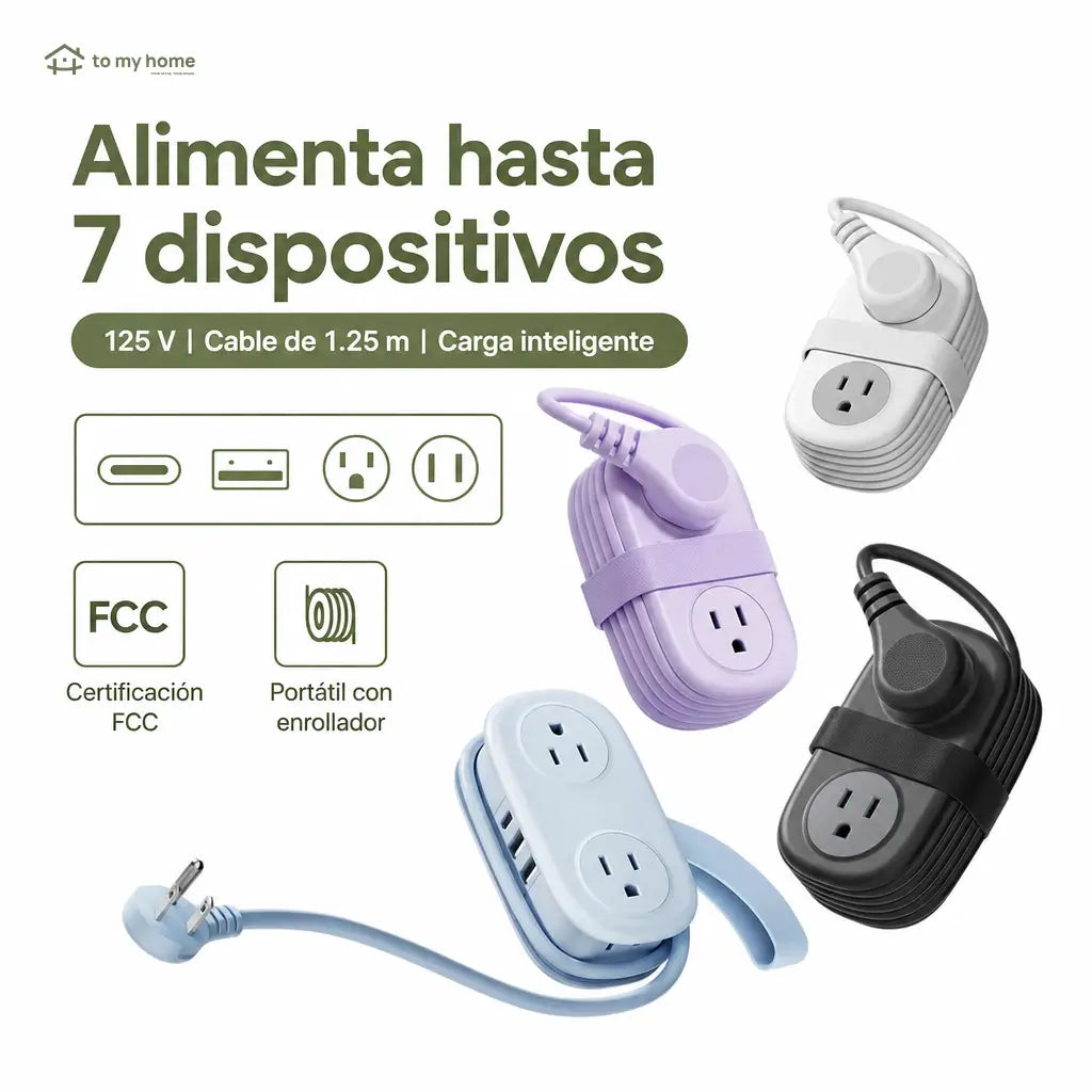Multicontacto de viaje compacto con 4 tomas AC, USB-A y USB-C, cable de 1.25 m para hotel, crucero y escritorio ordenado