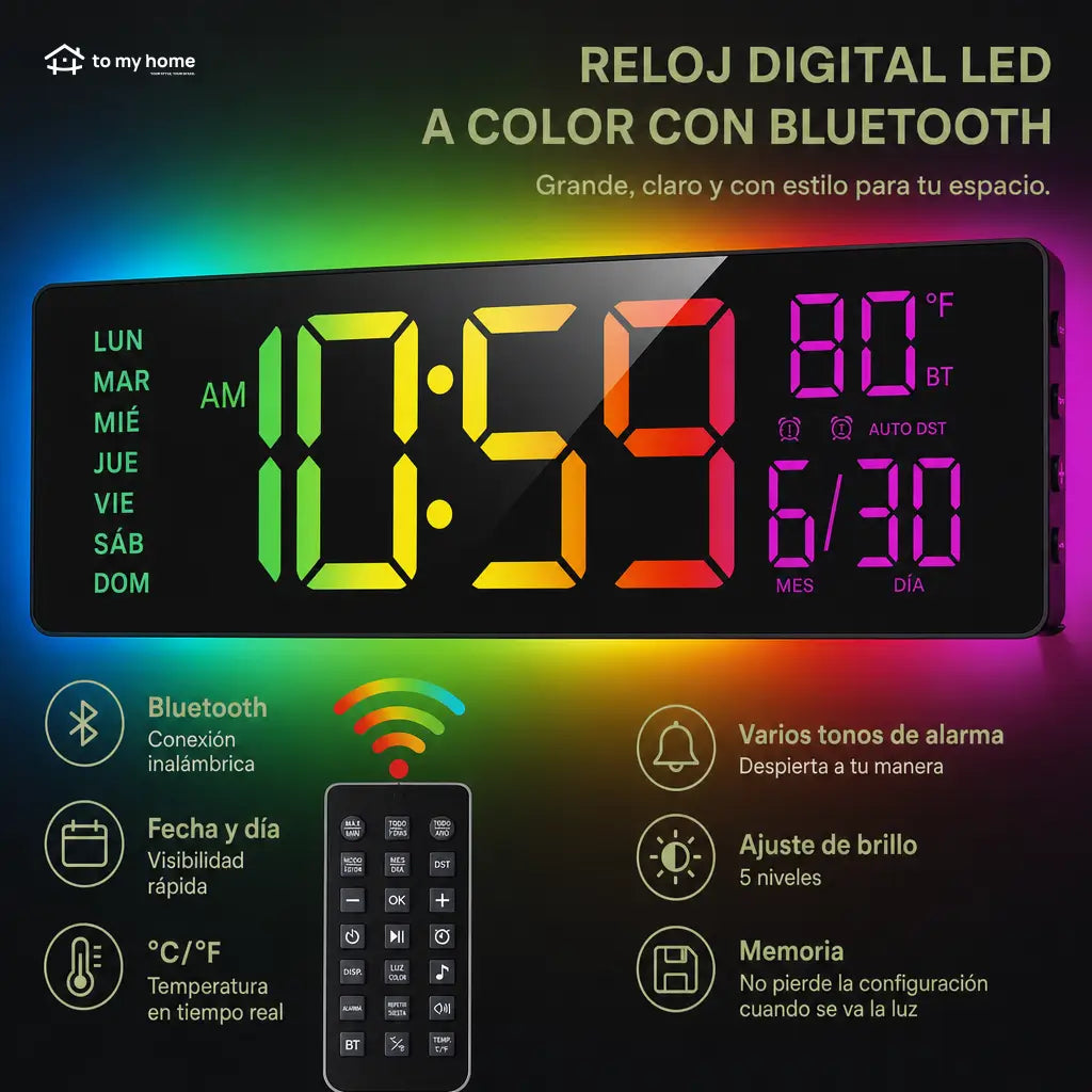 Reloj digital de pared LED 16.5 pulgadas con luz RGB, Bluetooth y alarmas dobles para sala, oficina, cocina o setup gamer