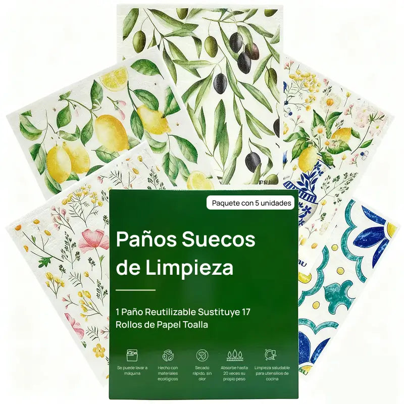 Juego de 5 paños de cocina suecos altamente absorbentes de algodón y celulosa, lavables, reutilizables, biodegradables, con calidad superior garantizada