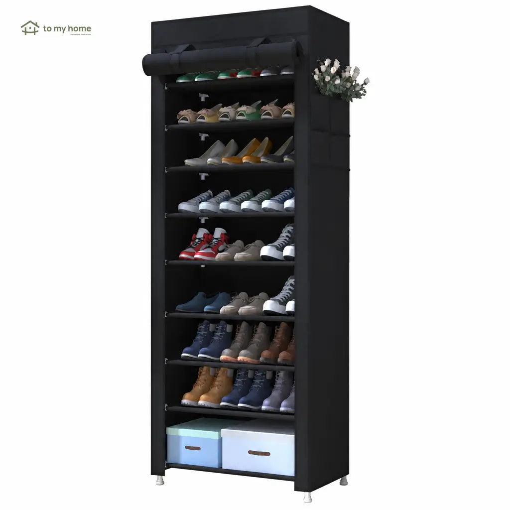 Zapatera vertical de 10 niveles con cubierta antipolvo, ajustable y compacta para organizar hasta 27 pares en casa sin ocupar mucho espacio