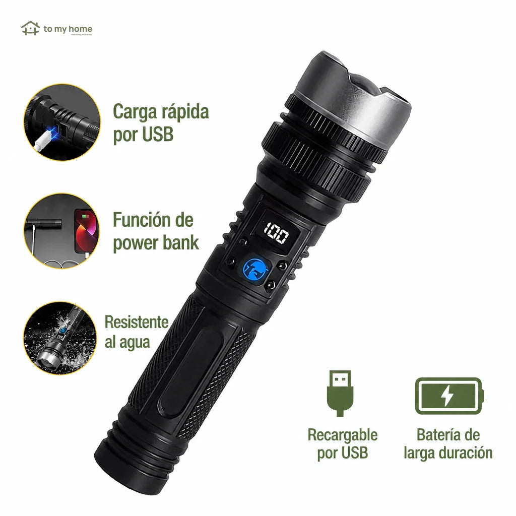 Linterna LED recargable de 2200 lúmenes con power bank, zoom ajustable, pantalla digital y resistencia al agua para camping y emergencias