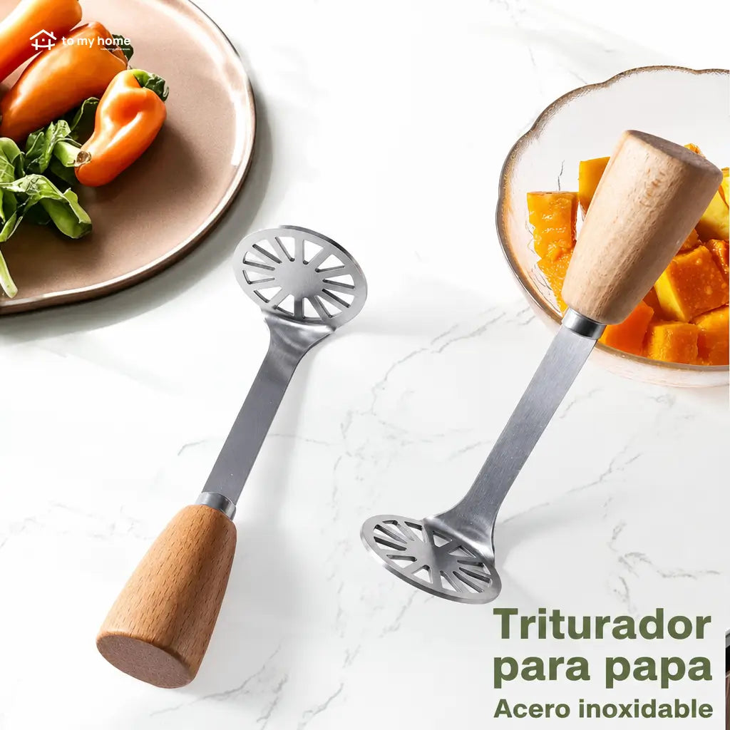 Set de 2 machacadores mini de acero inoxidable con mango de madera para papa, aguacate, frijoles y purés caseros en cocina diaria