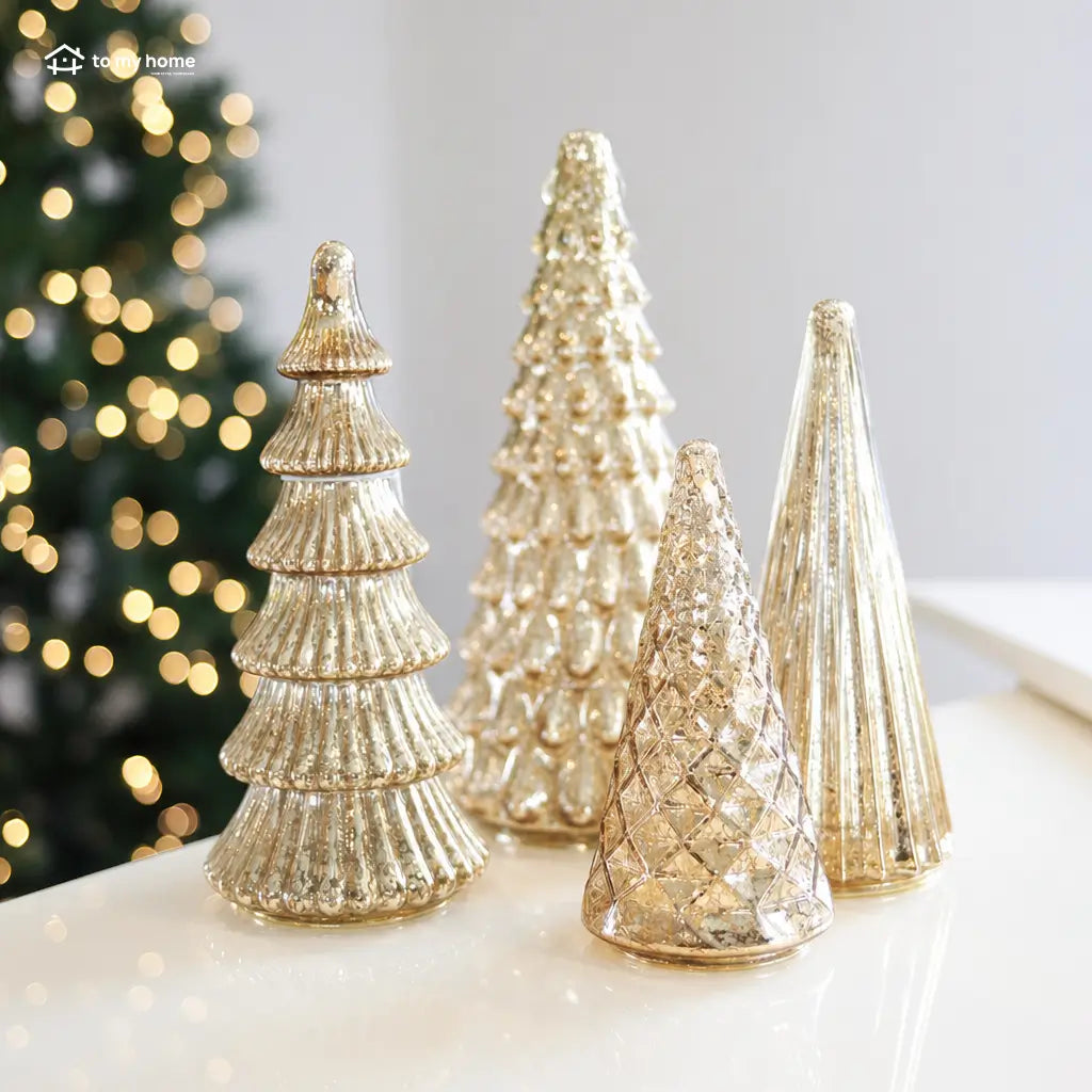 Set de 5 árboles decorativos iluminados de vidrio mercurizado con temporizador para centro de mesa navideño y repisas en tu hogar