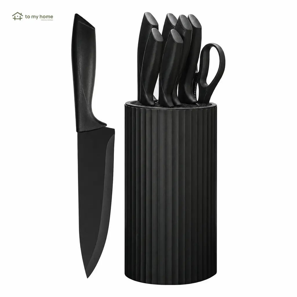 Set completo de cuchillos negros de 8 piezas resistentes al óxido con tijeras y bloque para cocina diaria en tu hogar con cortes precisos