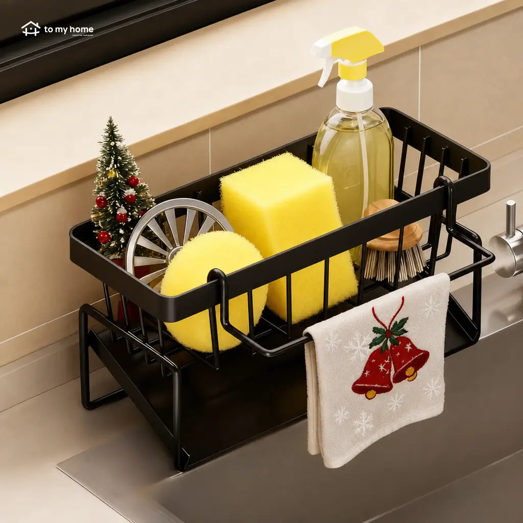 Organizador metálico para tarja con porta cepillo alto y divisores, ideal para esponjas, jabón y mantener la cocina ordenada sin ocupar espacio