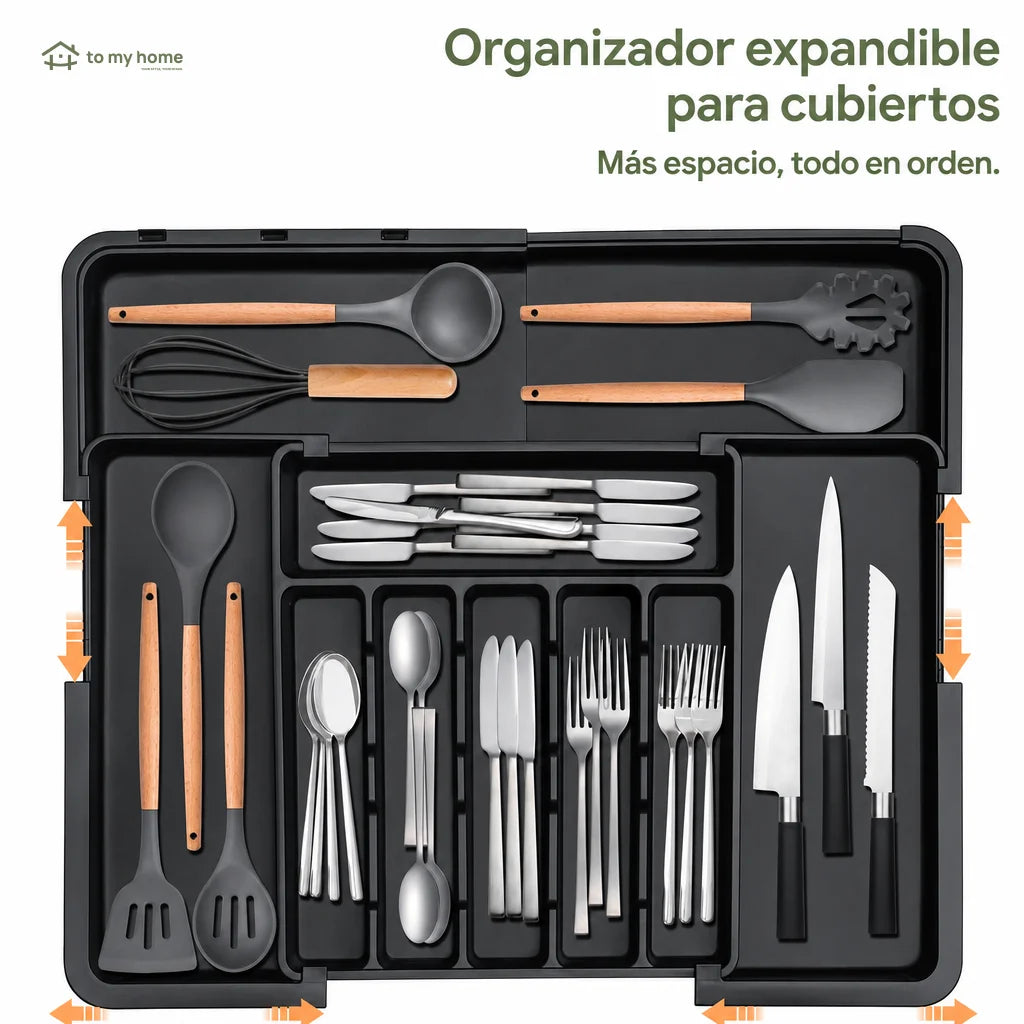 Organizador de cubiertos expandible con 9 compartimentos y base antideslizante para cajón