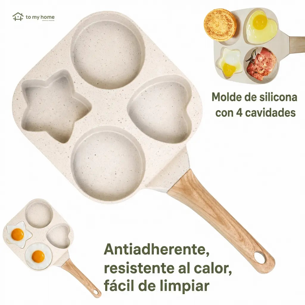 Sartén antiadherente de 4 cavidades con figuras para huevos, hot cakes y desayunos rápidos en casas, depas y cafeterías compactas