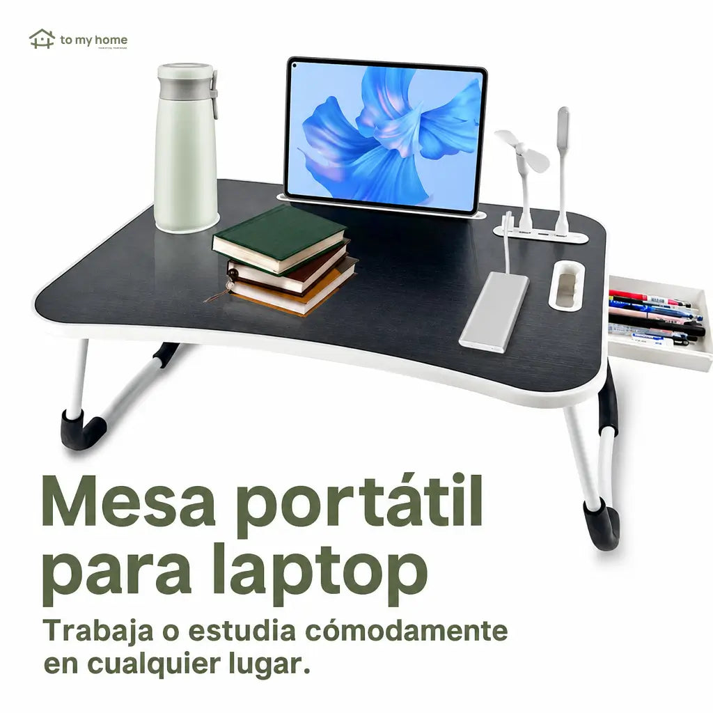 Mesa plegable para laptop con 4 puertos USB, cajón y portavasos para trabajar, leer o estudiar cómodo en cama o sofá