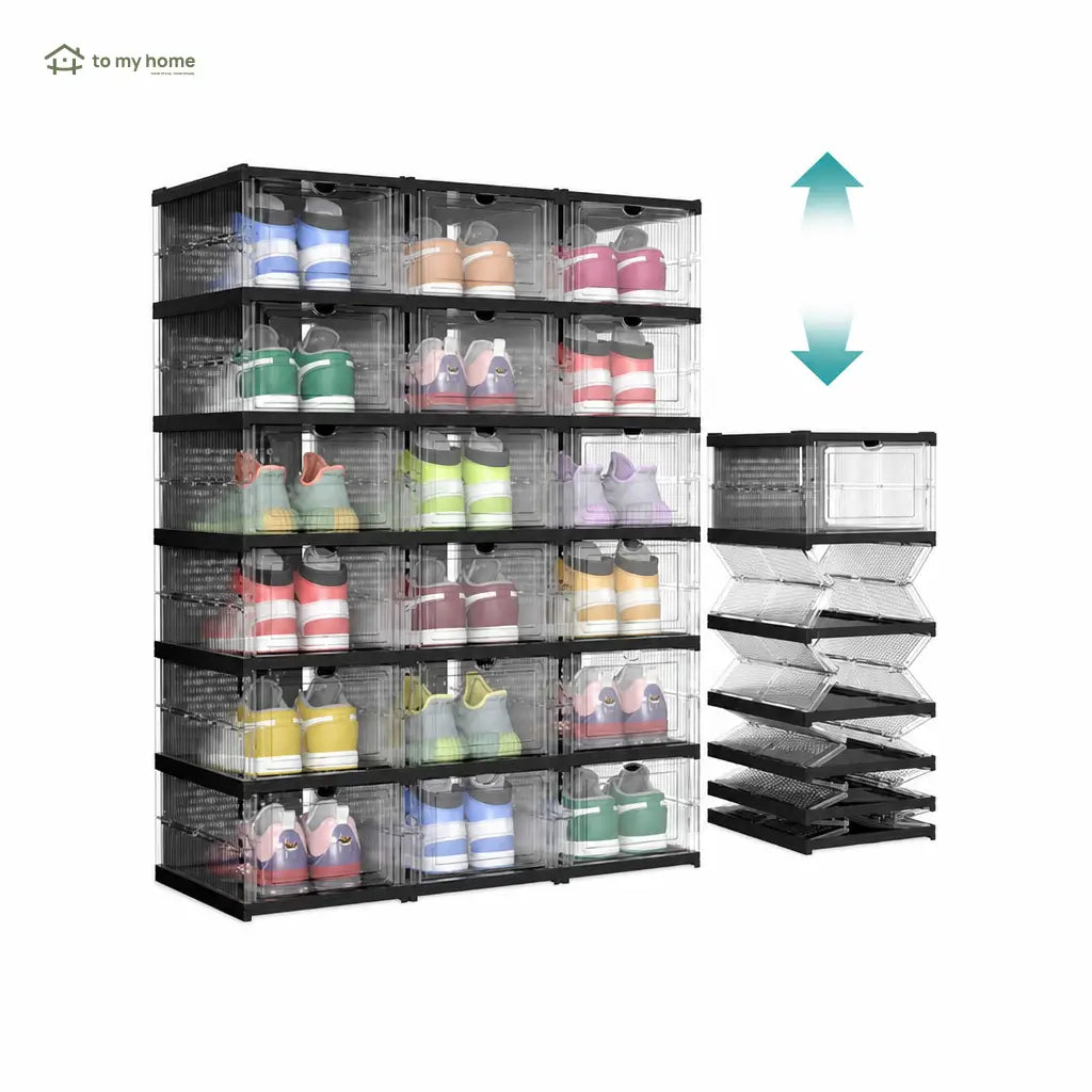 Zapatero plegable transparente con 6 cajas apilables para organizar tenis y zapatos hasta talla US 13 en clóset o entrada de casa