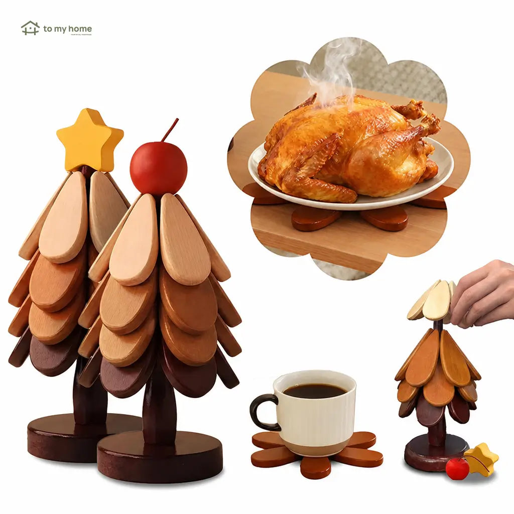 Set de portavasos y salvamanteles de madera resistente al calor con diseño plegable para ollas, platos, tazas y mesa diaria