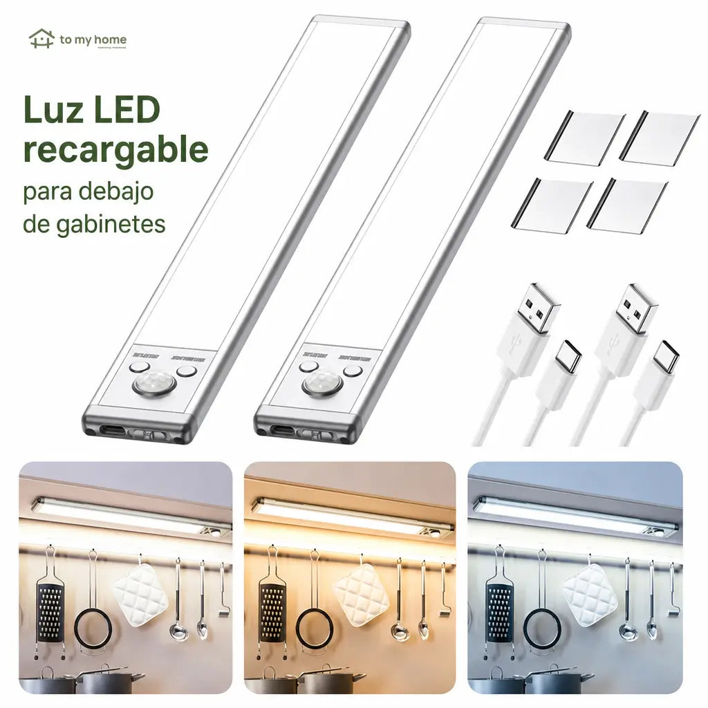Paquete de 2 lámparas LED bajo gabinete con sensor de movimiento, carga USB-C y brillo regulable para cocina, clóset y escaleras