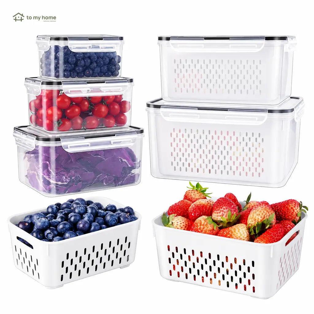 Set de 5 contenedores herméticos apilables con colador removible para frutas, verduras y comida fresca en refrigerador
