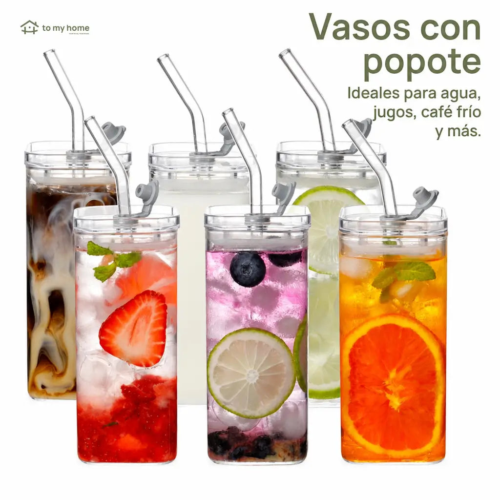 Set de 4 vasos de vidrio cuadrados con tapa y popote, 350 ml, para café frío, jugos y cocteles en casa u oficina