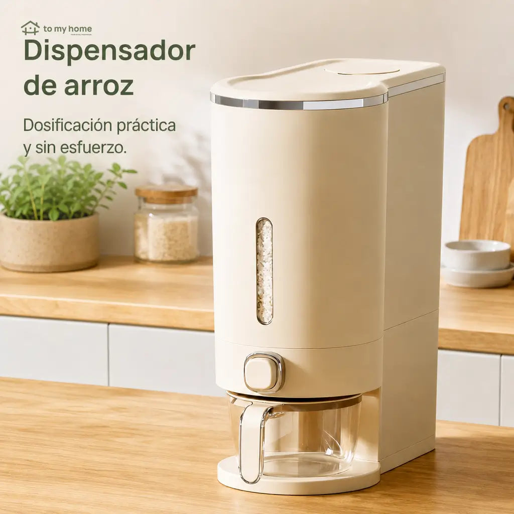 Dispensador hermético de arroz con taza medidora y protección contra insectos para cocina y despensa familiar ordenada de uso diario en casa