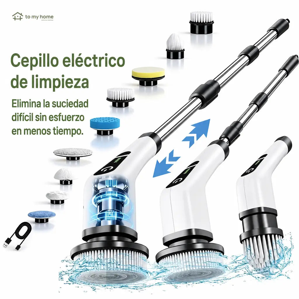 Cepillo eléctrico giratorio inalámbrico IPX7 con 9 cabezales y mango extensible para limpieza profunda de baño, cocina, azulejos y auto