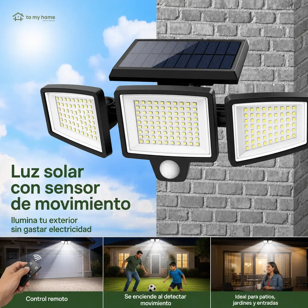 Lámpara solar exterior amplia de seguridad 2500LM con 3 cabezales, sensor de movimiento y control remoto para patio, cochera y jardín