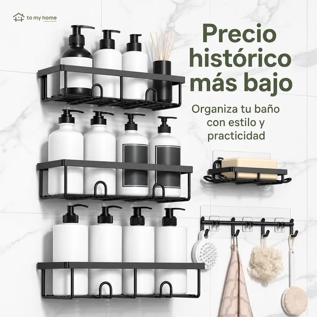 Organizador de regadera sin taladro set de 5 piezas, repisas negras antioxidantes con ganchos removibles para baño y cocina más ordenados