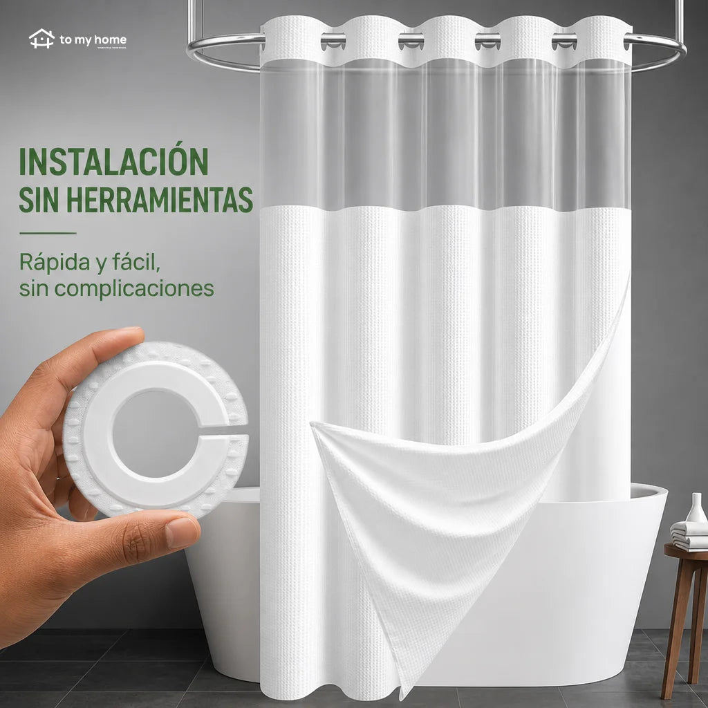 Cortina de baño doble capa impermeable con forro ajustable a presión, diseño waffle moderno para renovar tu regadera sin complicarte la instalación diaria