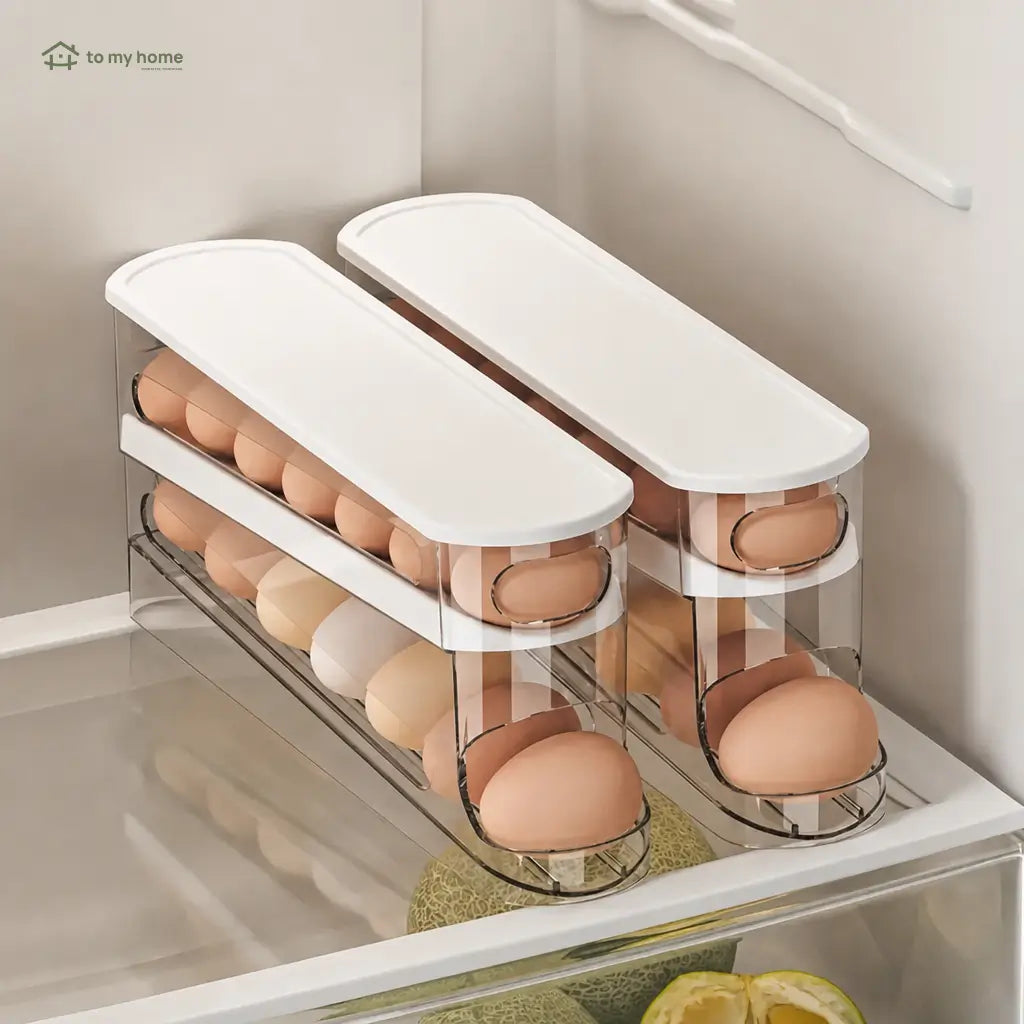 Organizador transparente para huevos apilable con diseño rodante, ahorra espacio y mantiene tu refrigerador más ordenado en la cocina diaria fácilmente