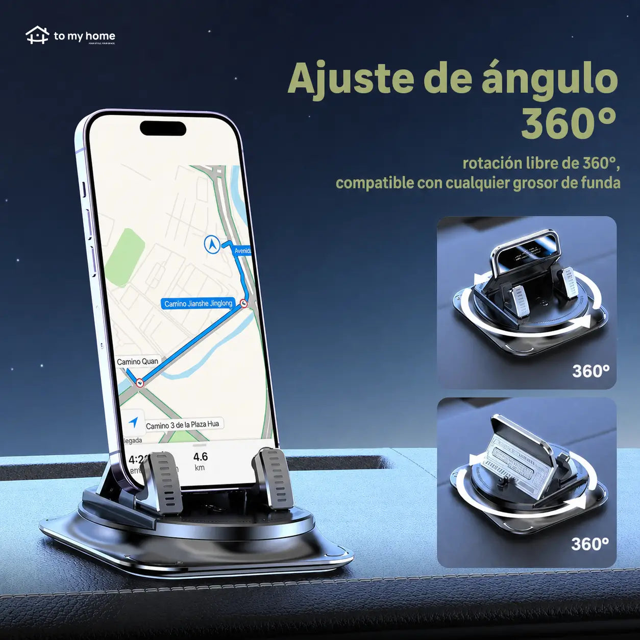 Soporte para celular de auto con rotación 360° y ventosa estable para navegación en tablero, compatible con iPhone y Android segura