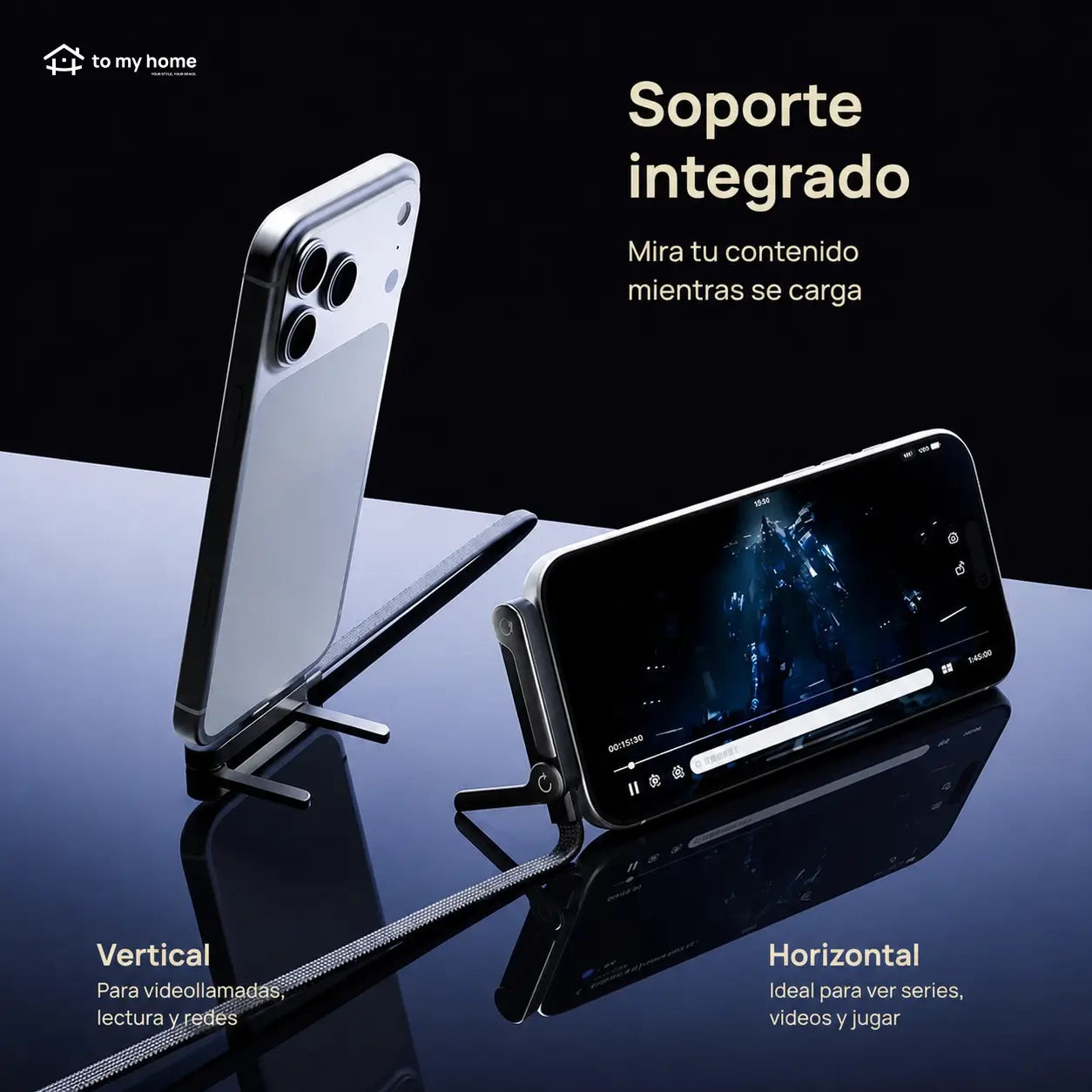 Cable USB-C 240W con soporte oculto, carga rápida y vista vertical u horizontal para celulares, tablets, laptops, gaming, oficina y viajes