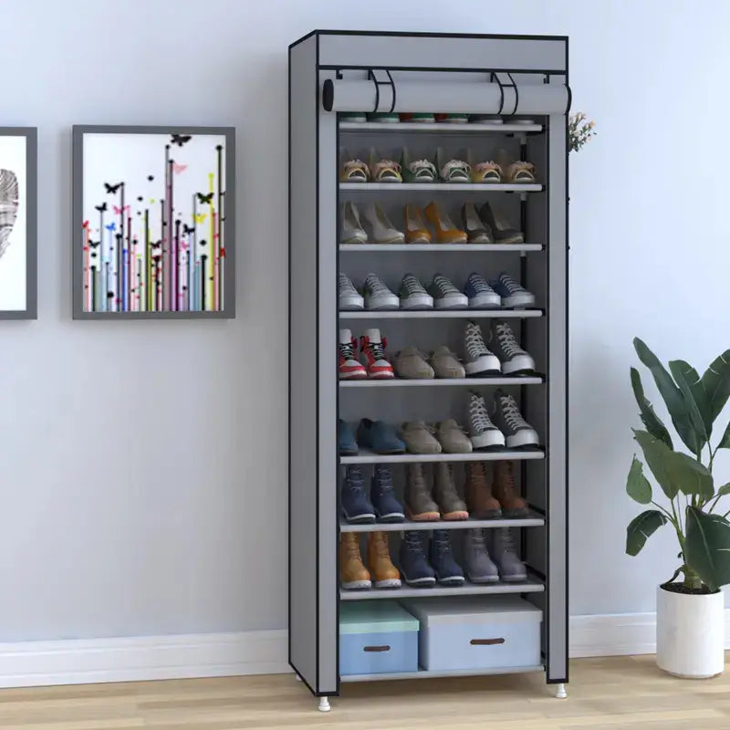 Zapatera organizadora de 10 niveles con 9 compartimentos y funda antipolvo para almacenamiento de calzado doméstico en espacios del hogar